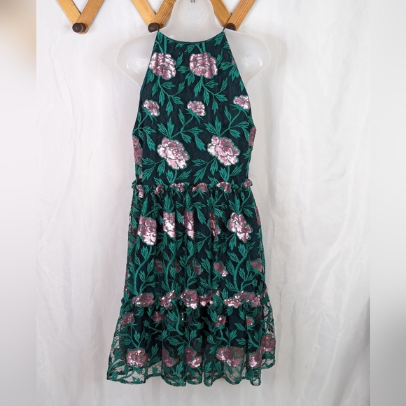 Badgley Mischka Belle Denya Emerald Rose Sequin Floral Ruffled Dress - Picture 3 of 8